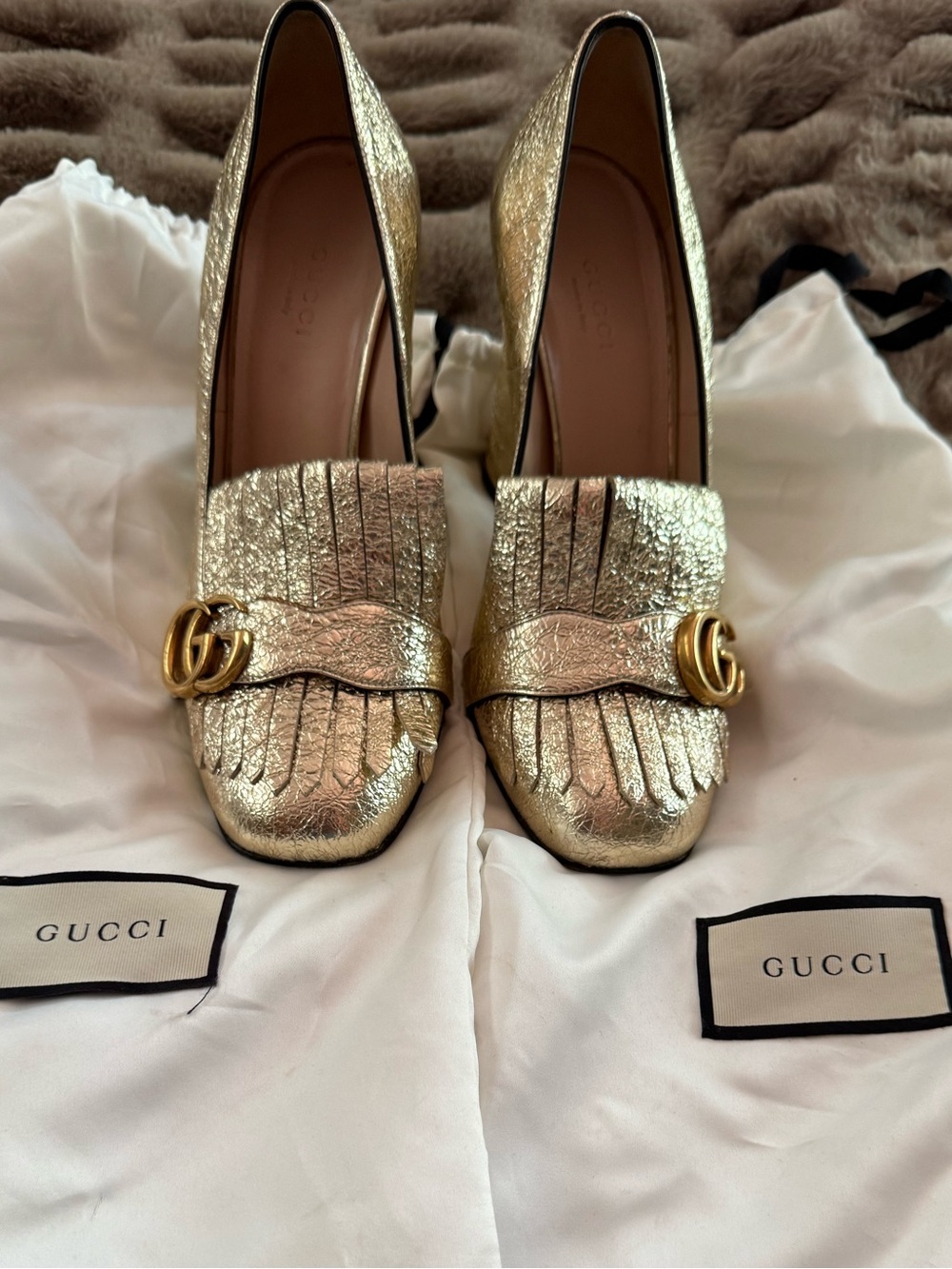 Gucci Gold Metallic Leather Galassia GG Marmont Fringe Loafer Heel Pump